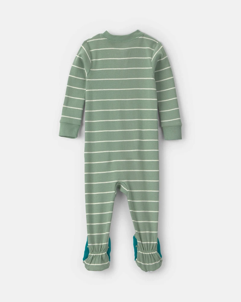 Baby Boy 1-Piece Dino Striped 2-Way Zip 100% Cotton Snug Fit Footed Pajama - Green