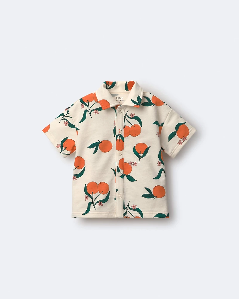 Toddler Boy Button-Down Short-Sleeve Shirt in Clementine Grove Print - Cream