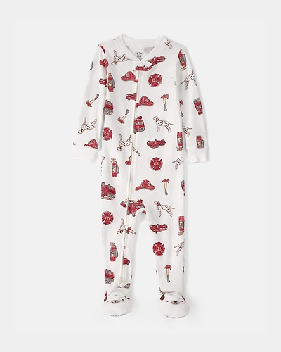 Baby Boy Firetruck 100% Cotton Snug Fit 1-Piece Pajama Set - White