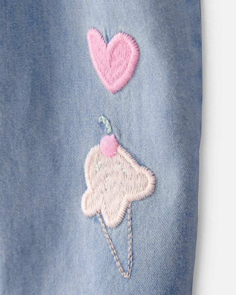 Baby Girl Embroidered Chambray Sleeveless Jumpsuit - Blue
