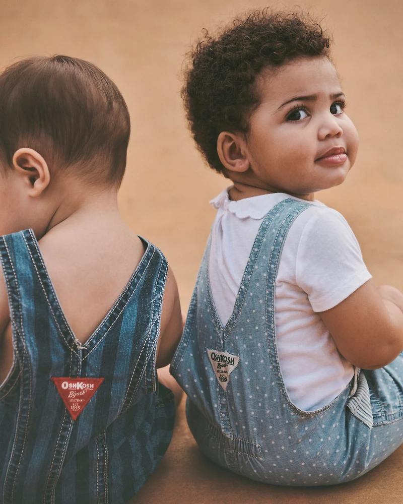 Baby Hickory Stripe & Dots Shortall - Light Wash