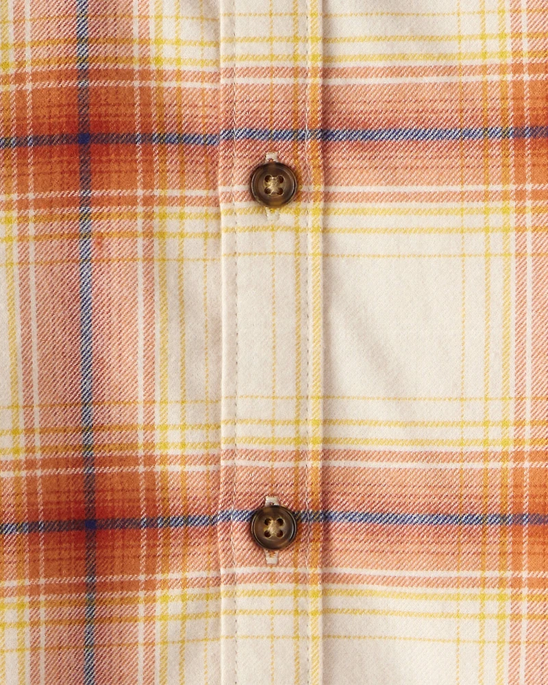 Toddler Boy Plaid Cotton Long-Sleeve Hooded Button-Down Shirt - Orange