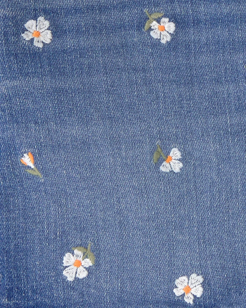 Girls Floral Denim Embroidered Shorts - Medium Wash