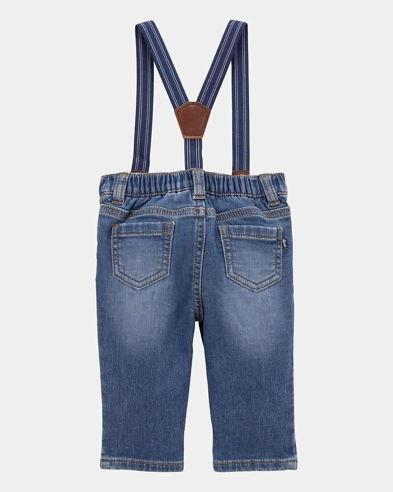 Baby Knit-Denim Suspender Pants - Blue