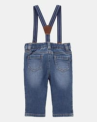 Baby Knit-Denim Suspender Pants - Blue