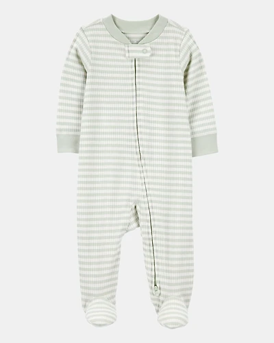 Baby Boy Striped 2-Way Zip Ribbed Sleep & Play Pajamas - Green/White