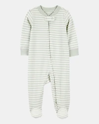 Baby Boy Striped 2-Way Zip Ribbed Sleep & Play Pajamas - Green/White