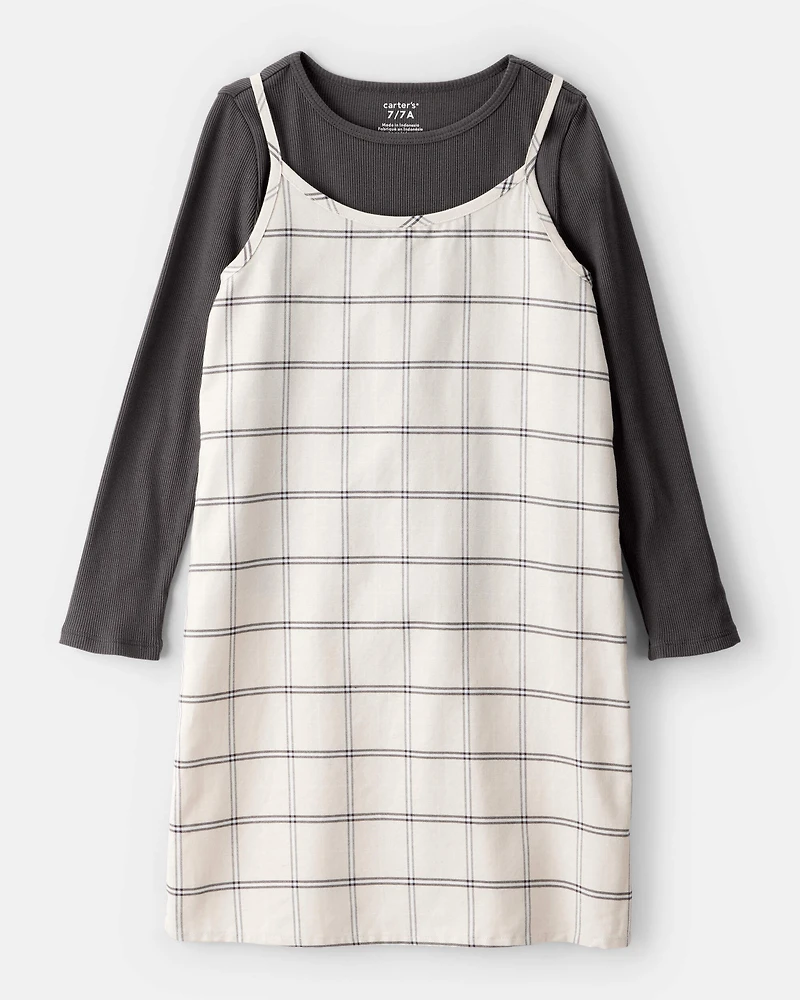 Girls 2-Piece Plaid Long-Sleeve Dress Set - Black/White