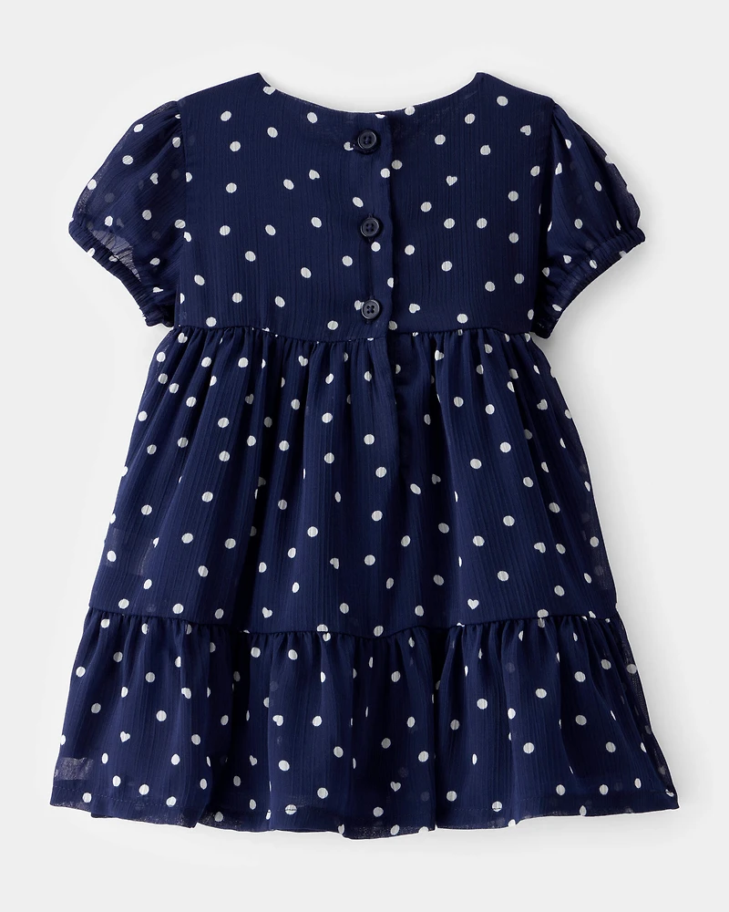 Baby Polka Dot Chiffon Crinkle Short-Sleeve Dress - Navy