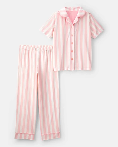 Girls Striped Loose Fit 2-Piece Pajama Set - Pink/Ivory