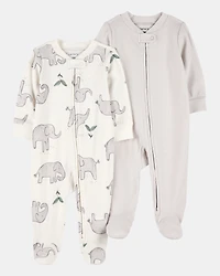 Baby 2-Pack Striped Elephant 2-Way Zip Cotton Sleep & Play Pajamas - Grey