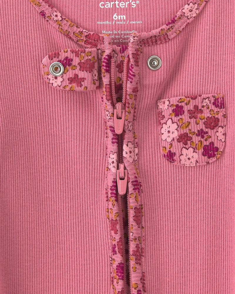 Baby Girl Floral Cotton 2-Way Zip Sleep & Play Pajamas - Pink