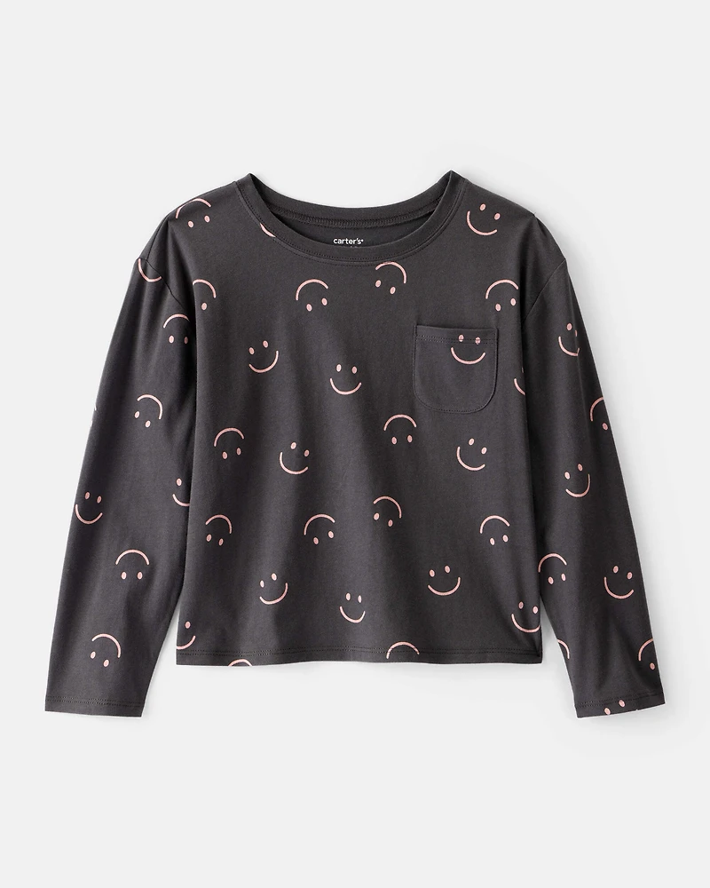 Girls Smiley Face Print Long-Sleeve Top - Black