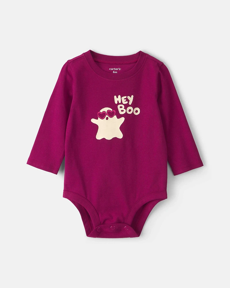 Baby Girl 'Hey Boo' Ghost Long-Sleeve Graphic Bodysuit - Burgundy