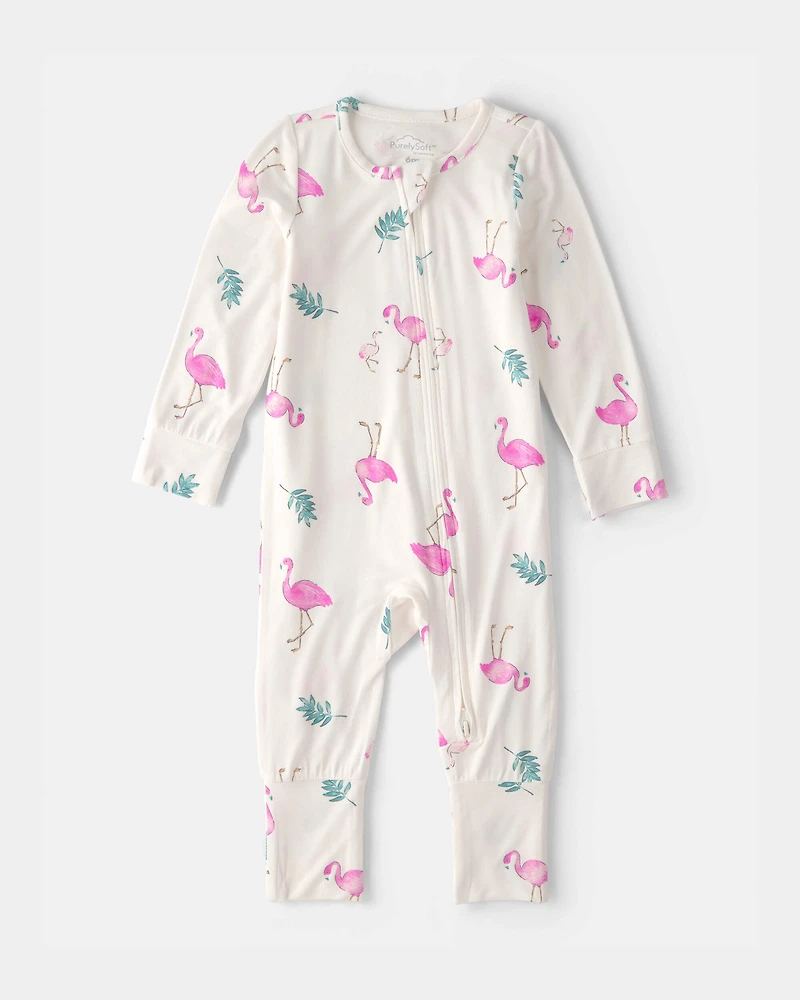 Baby Girl Flamingo PurelySoft 2-Way Zip Snug Fit Sleep & Play Pajamas - Ivory