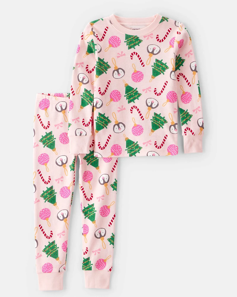 Toddler Girl Pink Ornaments 100% Cotton Long-Sleeve Snug Fit 2-Piece Pajamas - Pink