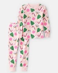 Toddler Girl Pink Ornaments 100% Cotton Long-Sleeve Snug Fit 2-Piece Pajamas - Pink