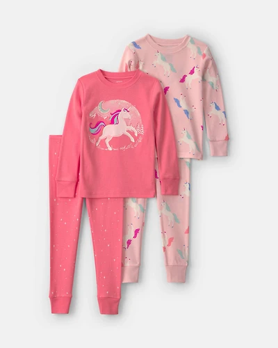 Toddler Girl 4-Piece Unicorn 100% Cotton Snug Fit Pajama Set - Coral/Pink