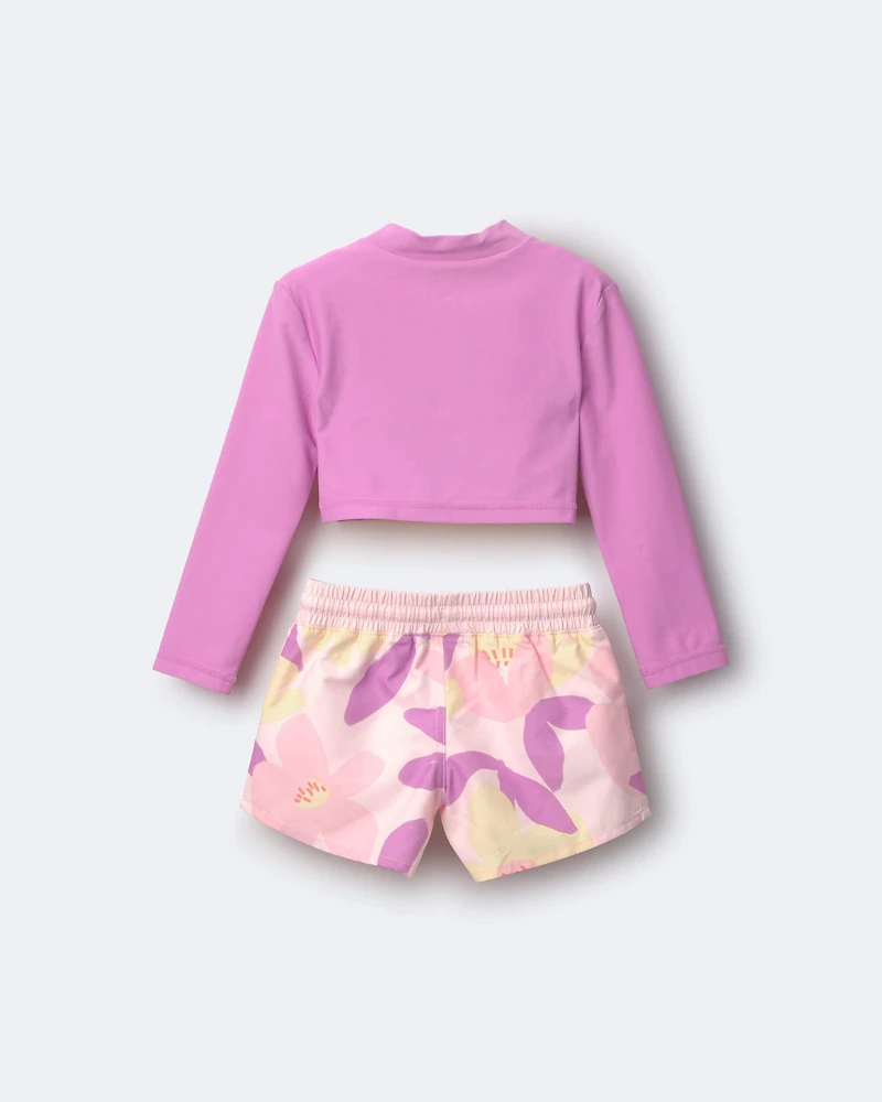 Toddler Girl Cropped Long-Sleeve Rashguard Set in Tropical Print - Purple/Rose