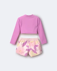 Toddler Girl Cropped Long-Sleeve Rashguard Set in Tropical Print - Purple/Rose