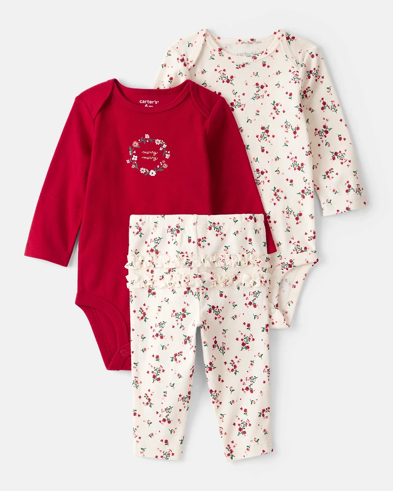 Baby Girl 3-Piece Floral Merry Cotton Bodysuits & Pant Set - White/Red