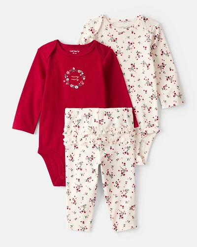 Baby Girl 3-Piece Floral Merry Cotton Bodysuits & Pant Set - White/Red