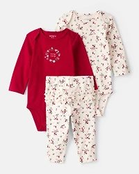 Baby Girl 3-Piece Floral Merry Cotton Bodysuits & Pant Set - White/Red