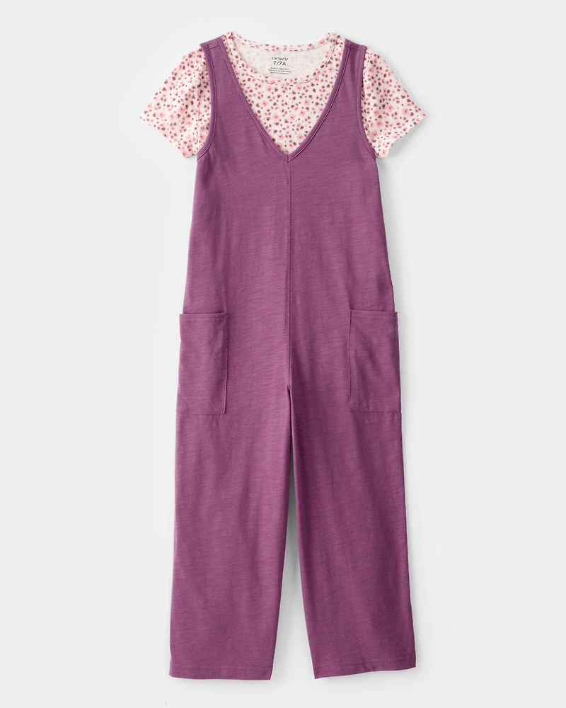 Kid 2-Piece Floral Tee & Jumpsuit Set - Purple/Pink