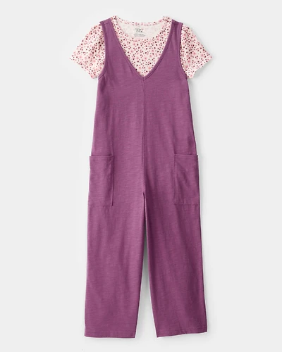 Kid 2-Piece Floral Tee & Jumpsuit Set - Purple/Pink