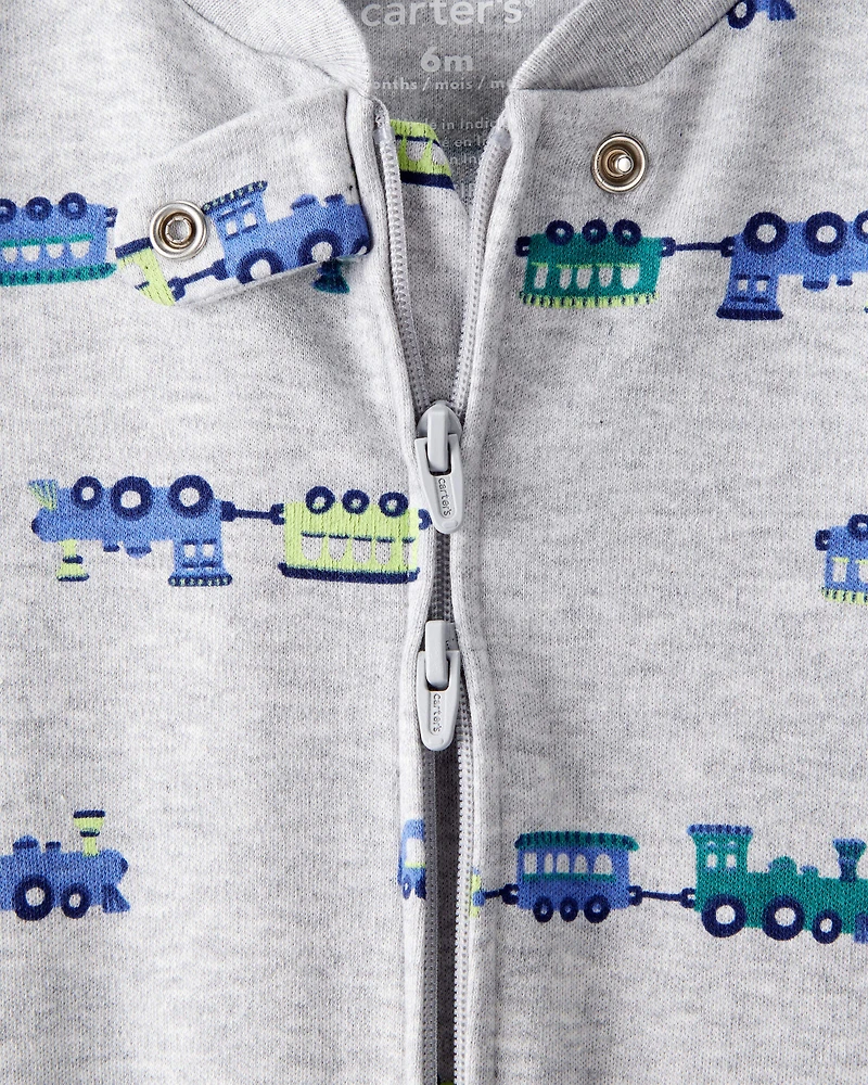 Baby Boy Train Cotton Long-Sleeve Snug Fit Sleep & Play Pajamas - Grey