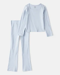 Kid 2-Piece Ribbed Long-Sleeve Tee & Flare Pant Set - Blue