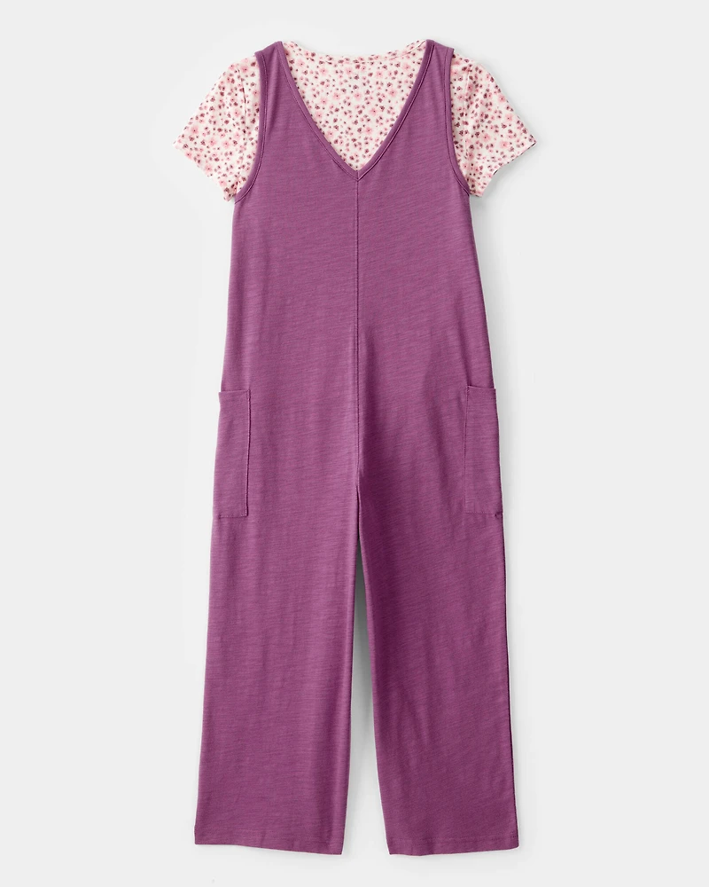 Kid 2-Piece Floral Tee & Jumpsuit Set - Purple/Pink