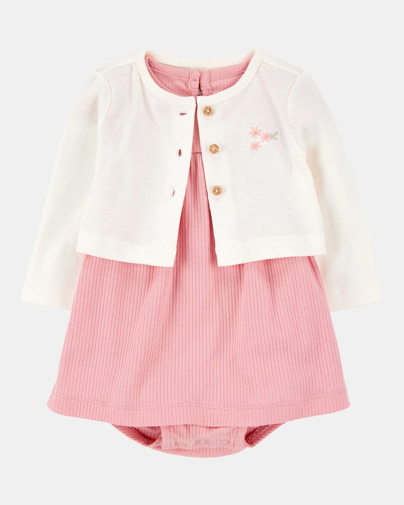 Baby 2-Piece Bodysuit Dress & Cardigan Set - Pink/Ivory