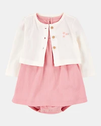Baby 2-Piece Bodysuit Dress & Cardigan Set - Pink/Ivory