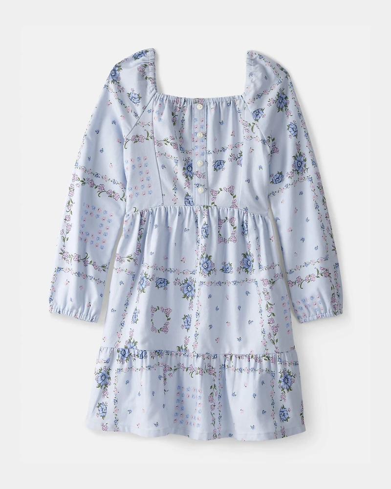Girls Bandana Smocked Long-Sleeve Dress - Blue