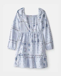 Girls Bandana Smocked Long-Sleeve Dress - Blue