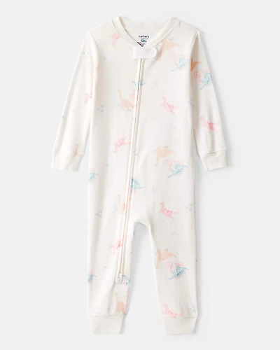 Toddler Girl Dinosaur 100% Cotton Long-Sleeve 1-Piece Pajamas - White