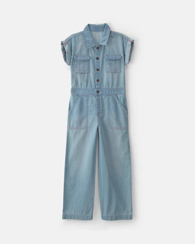 Girls Denim Short-Sleeve Jumpsuit - Light Wash