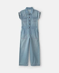 Girls Denim Short-Sleeve Jumpsuit - Light Wash