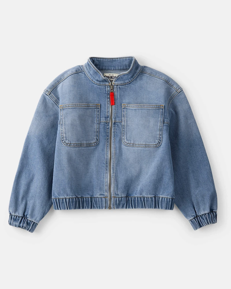Girls Zip-Up Long-Sleeve Denim Jacket - Light Wash