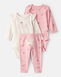 Baby Girl 3-Piece Unicorn Star Print Cotton Long-Sleeve Bodysuit & Pant Set - Pink/White