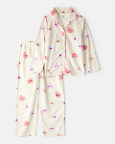 Girls Candy Hearts Fleece Loose Fit 2-Piece Pajamas - Ivory
