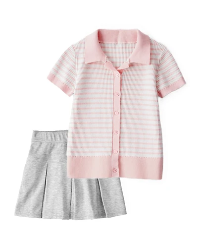 Girls 2-Piece Short-Sleeve Striped Tee & Pleated Ponte Skort Set - Pink/Grey