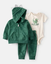 Baby 3-Piece "Little Guy Big Roar" Dinosaur Jacket Outfit Set - Green/Ivory