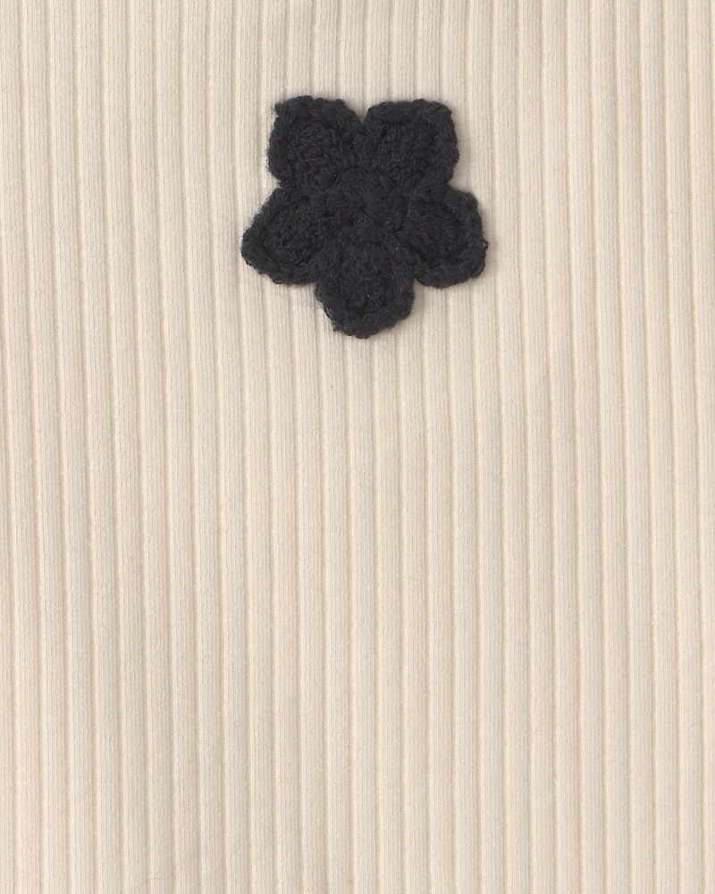 Girls Flower Embroidered Rib Tank Top - Ivory