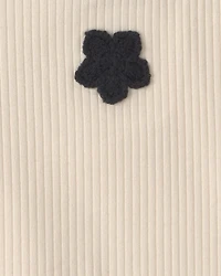 Girls Flower Embroidered Rib Tank Top - Ivory