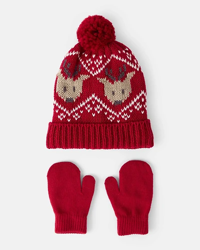 Toddler Boy 2-Pack Reindeer Fair Isle Winter Hat & Mittens - Red