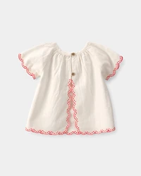 Baby Girl 2-Piece Linen-like Short-Sleeve Outfit Set - Cream