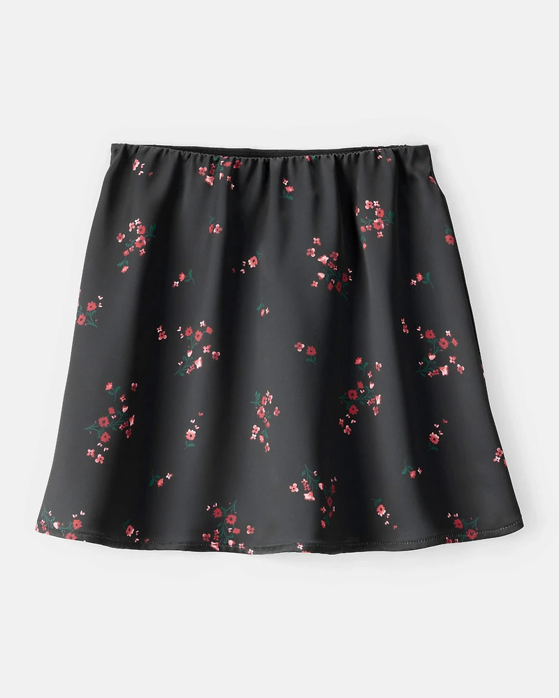 Girls Floral Print Woven Skirt - Black