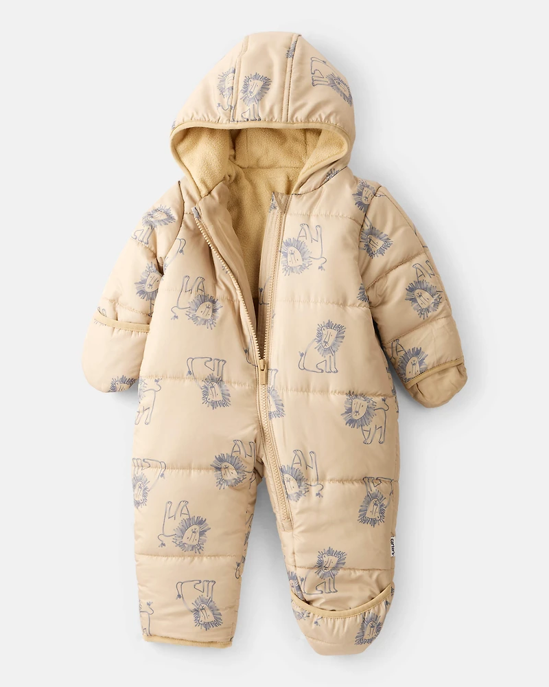 Baby Boy 1-Piece Lion Print Hooded Pram Snowsuit - Khaki
